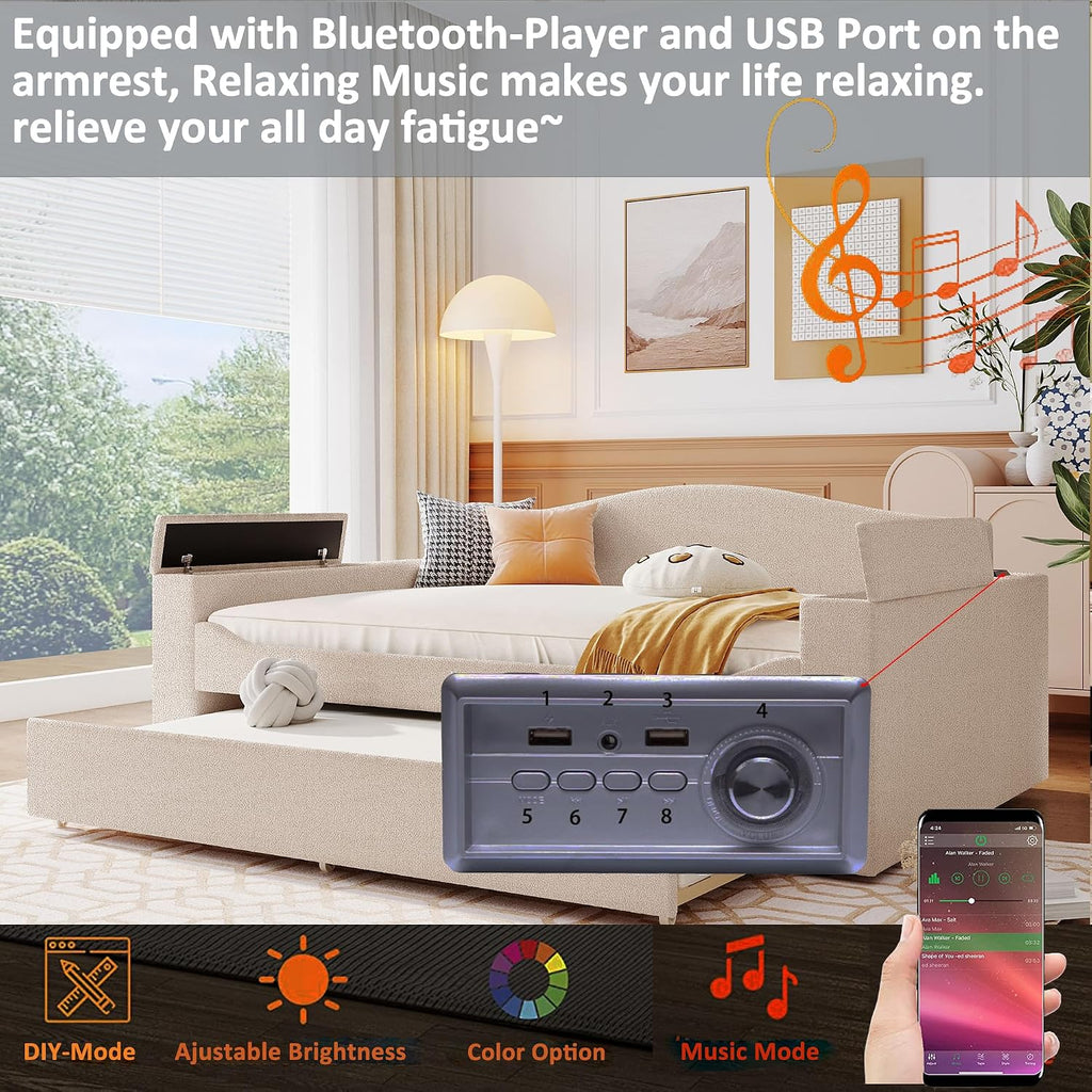 Upholstered Daybed with Trundle, Full Size Day Bed Frame with Storage Armrests, USB Ports