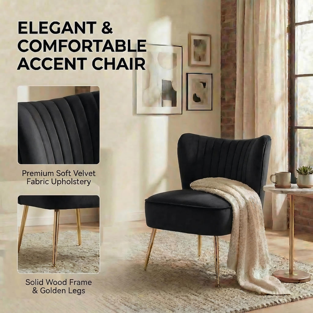 Modern Accent Chair Set of 2 Velvet Slipper Chair with Gold Legs Wingback Side Chair Bedroom Entryway Small Corner