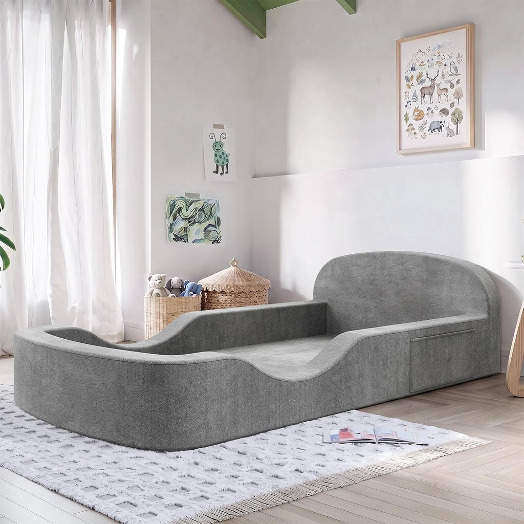 Montessori Toddler Floor Bed with Built-in Side Rails, All-Foam, No Assembly Needed, Light Grey