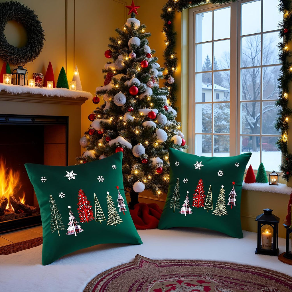 Christmas Trees Embroidery Throw Pillow Covers 24x24 inch - Set of 2