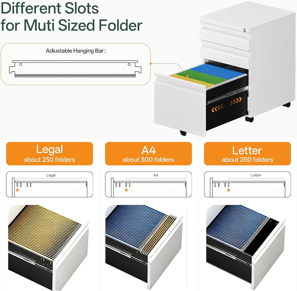 3 Drawer Mobile File Cabinet with Lock, Fully Assembled | Under Desk Metal Filing Cabinet Organization, Fits