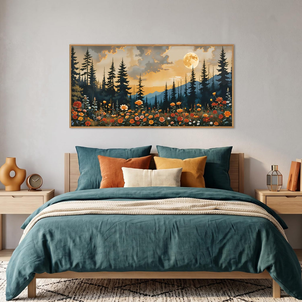 Mountain Wildflower Landscape Framed Canvas Wall Art Set, Vintage Moon Pine Tree Wall Decor, Rustic Forest Art