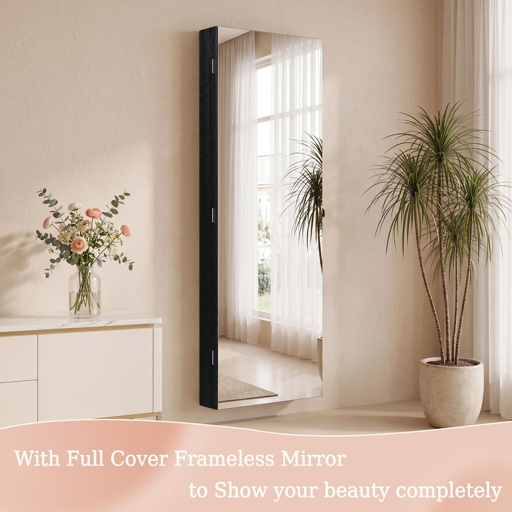 Mirror Jewelry Cabinet, Lockable Wall or Door Mounted Jewelry Armoire Organizer With Built-up Mirror, LED Lights