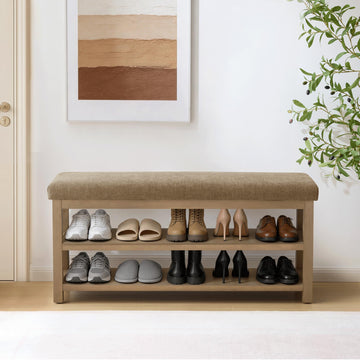 Shoe Rack Bench with Cushion, 2 Tier Solid Wood Storage Bench, Mid-Century Modern Shoe Bench, Closet, Front Door