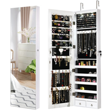 Wall Mounted Jewelry Armoire with Full Length Mirror & 2 LED Lights, Large Storage Capacity, Lockable Mirror Jewelry