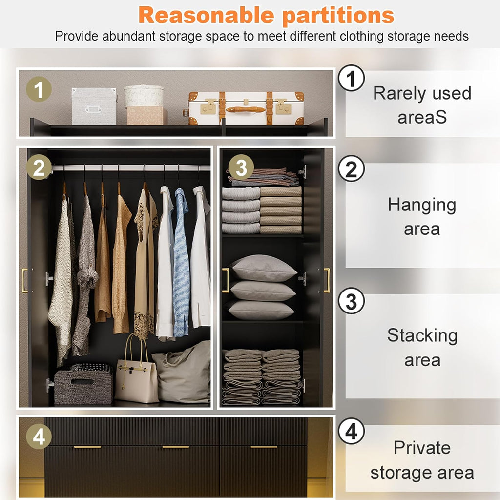 Large Wardrobe Closet, 3 Door Armoire Closet | Mirror and LED Lights, Hanging Rod, Drawers, Armoires and Wardrobes