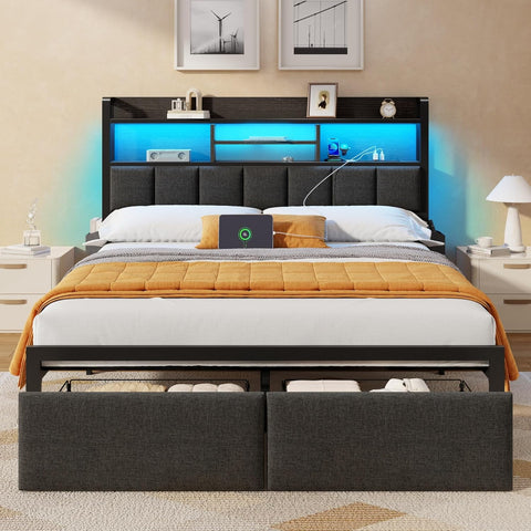 Queen Bed Frame with Storage Drawers, Upholstered Headboard with LED Light & Charging Station