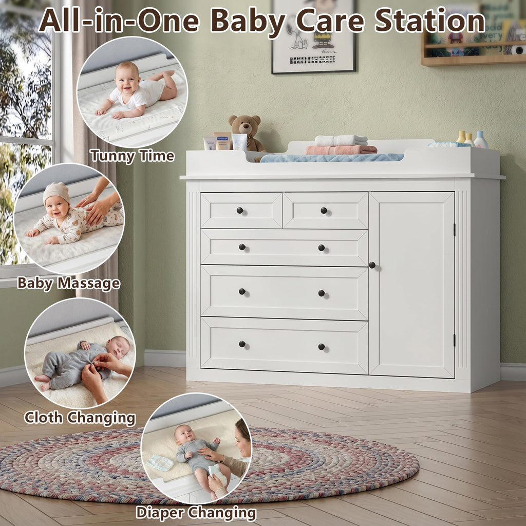 47"Baby Dresser with Large Table Top, White Baby Changing Table with Drawer