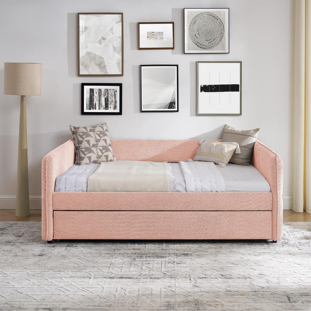 Full Size Daybed, Upholstered Boucle Fabric Day Bed Frame with Twin Roll-Out Trundle and Wood Slats Support, No Box