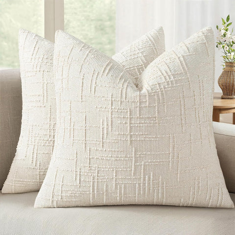 Textured Throw Pillow Covers Thick Chenille Decorative Pillows Cream White 18x18 Inch Set of 2 Modern Boho Farmhouse