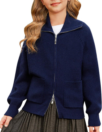 Girls Sweater Cardigan Uniform Zip Up Knit Fall Kid Jacket