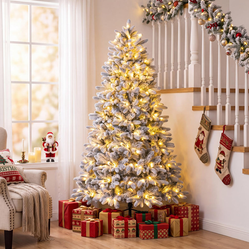 6FT Pre-lit Half Christmas Tree, Snow Flocked Artificial Xmas Tree