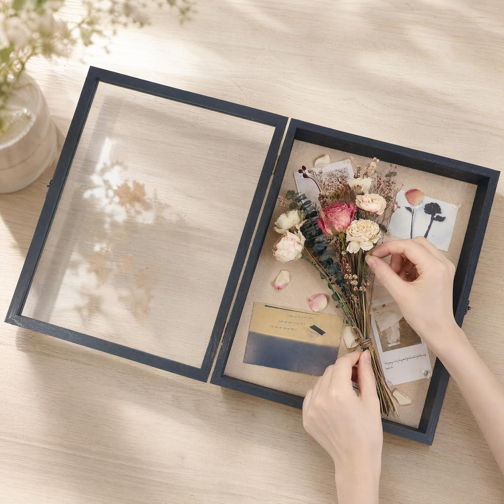 16x20 Wood Shadow Box Frame Glass Door Display Case with Linen Back and 6 Stick Pins, 1.5 inches Interior Depth, Ideal
