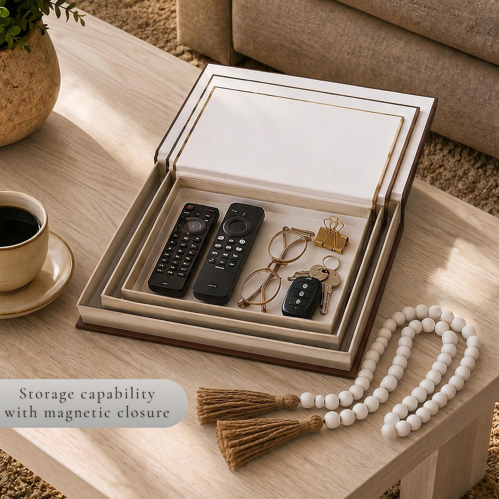 Decorative Books for Coffee Table - Set of 3 Faux/Fake Book Storage Boxes Decor, Neutral Minimalist Book Decor for
