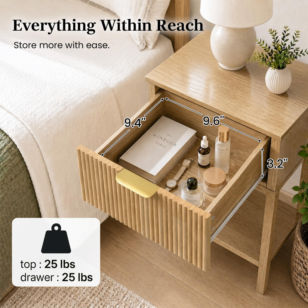 Natural Oak 15.4" Wide Small Nightstand with Drawer, Open Shelf, Fluted