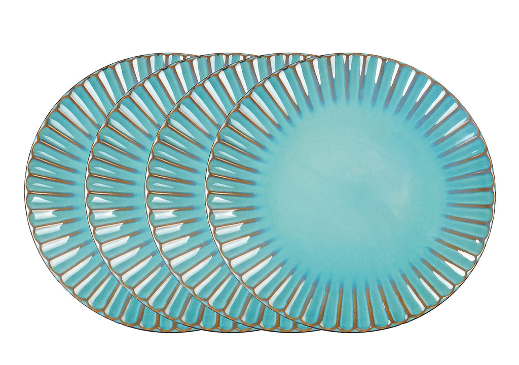 Ribbed Stoneware Dinnerware Set, Reactive Glaze Golden Green, Service for 4