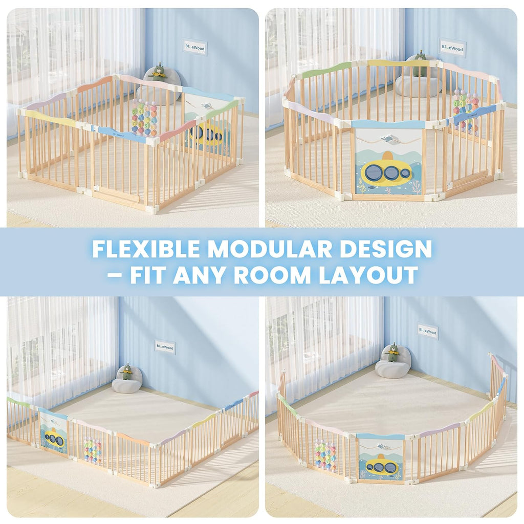 Foldable Wooden Playpen, 55 x 55 x 24 inches, Ocean Adventure, Colorful | Adjustable Wood Baby Play Yard with