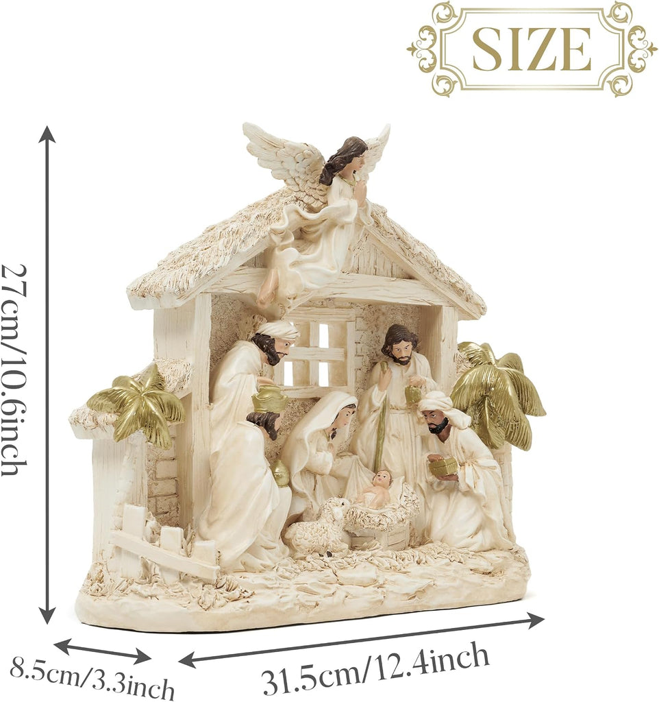 12.4" Christmas Nativity Set with LED Light, White Gold