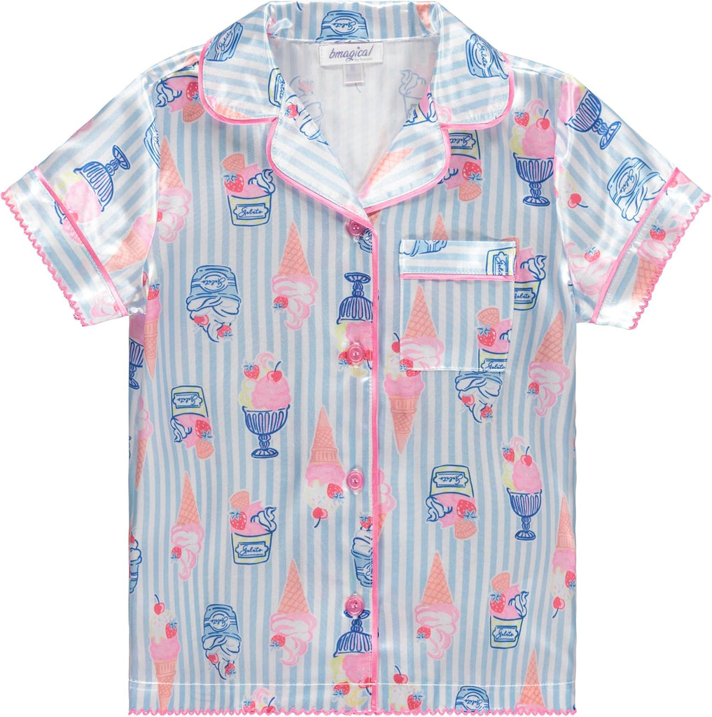 Girls Satin Pajama Set 4 Pack, Short Sleeve Button-Down Sleepwear for Kids, Soft and Breathable Nightwear