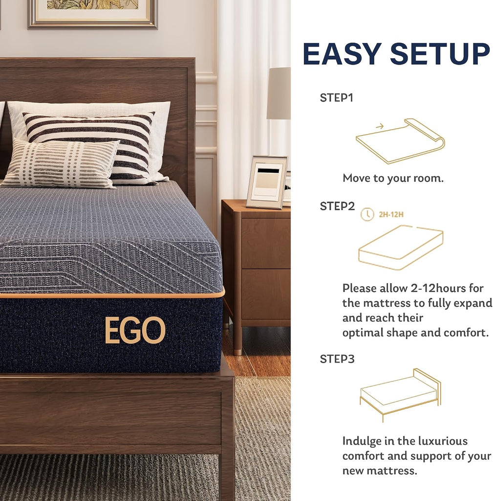 Queen 12" Copper Gel Memory Foam Mattress Pressure Relief Medium | Fiberglass Free, Back pain Relief, Graphene Tech
