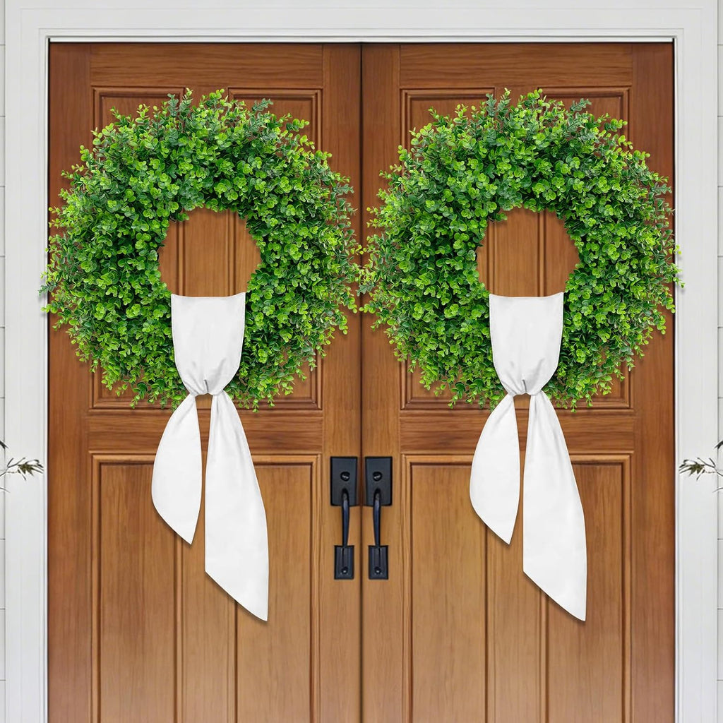 28'' Large Boxwood Wreaths Front Door Artificial Green Spring Wreath with Sash Wreaths for Front Door Farmhouse