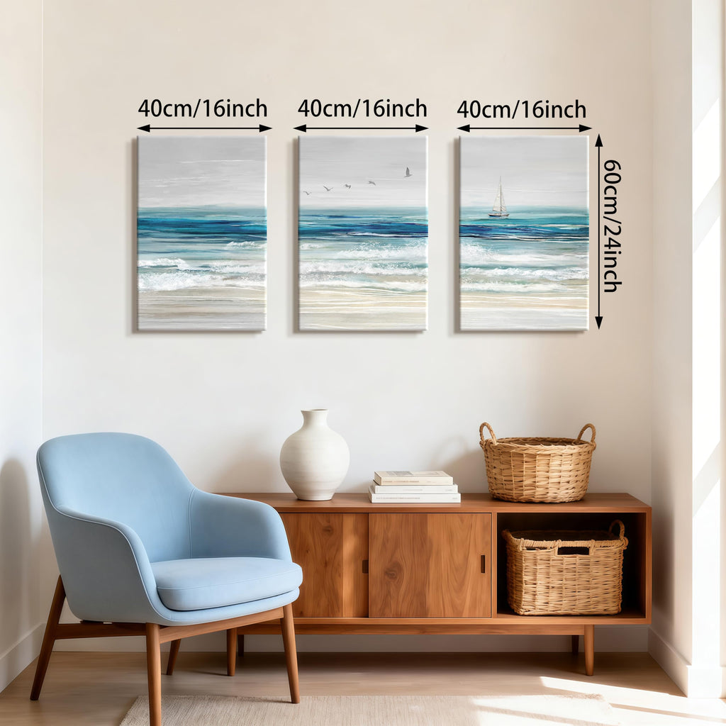 3Pcs Abstract Blue Beach Ocean Canvas Wall Art Paintings 16"x24"