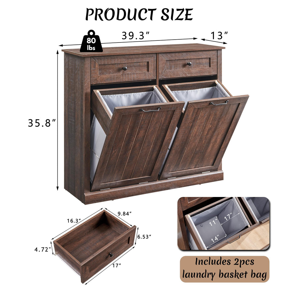 Double Tilt Out Laundry Hamper Cabinet, Trash Cabinet, Brown