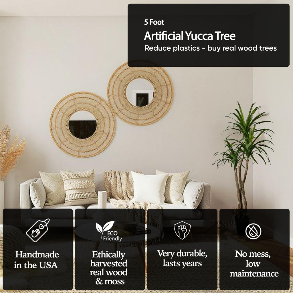 Handmade 5ft Artificial Yucca Plant | Tree with Real Wood Trunks, Hypoallergenic, 5 Foot, Green