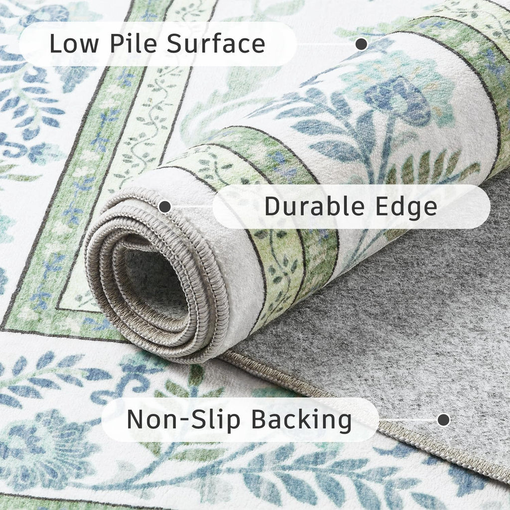 Green 8x10 Rug, Kid & Pet Friendly with Rubber Back Non Slip, Machine Washable Stain Resistant Botanical Floral Rug