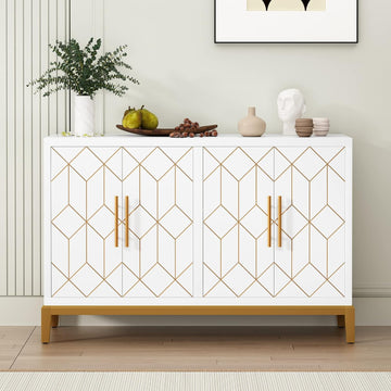 Accent Cabinet with 4 Doors&Shelves, Sideboard Buffet Cabinet with Gold Trim, Modern White Storage