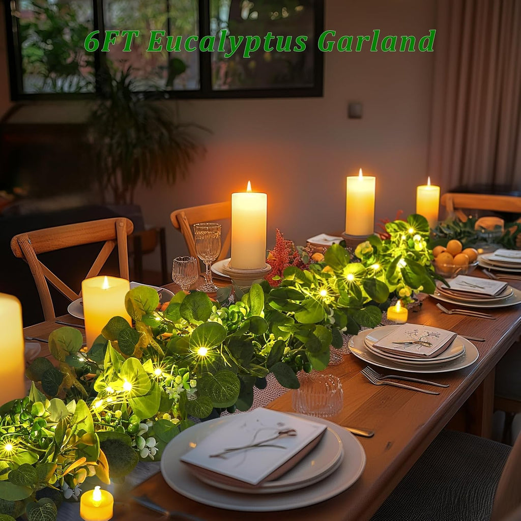 Artificial Eucalyptus Garland with Lights, 6FT Artificial Greenery Summer Garlands, Battery Operated Twig Vine - Set of 2