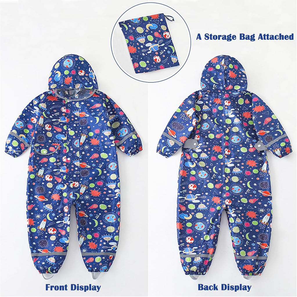 Kids Toddler Rain Suit for Boys Girls One Piece Hoodie Zipper Cartoon Waterproof Coverall Rain Jacket