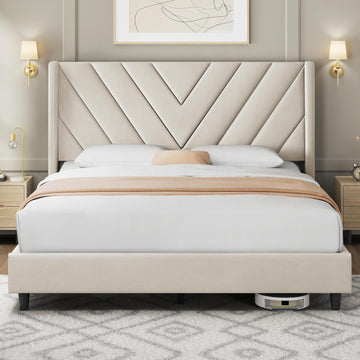 Queen Bed Frame Upholstered Platform Bed with Wing Side/Wooden Slat Support/Tufted Headboard with Wing Side/Mattress