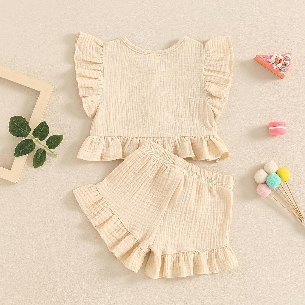 Toddler Baby Girl Solid Color Fly Sleeve Button Ruffle Tops+Bow Shorts Bubble Two Piece Summer Outfit Clothes Set