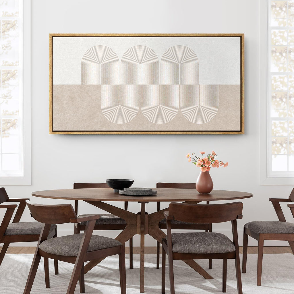 Extra Large Framed Canvas Print Wall Art Minimalist Line Art Curved Line Pattern in Neutral Beige Tones Geometric