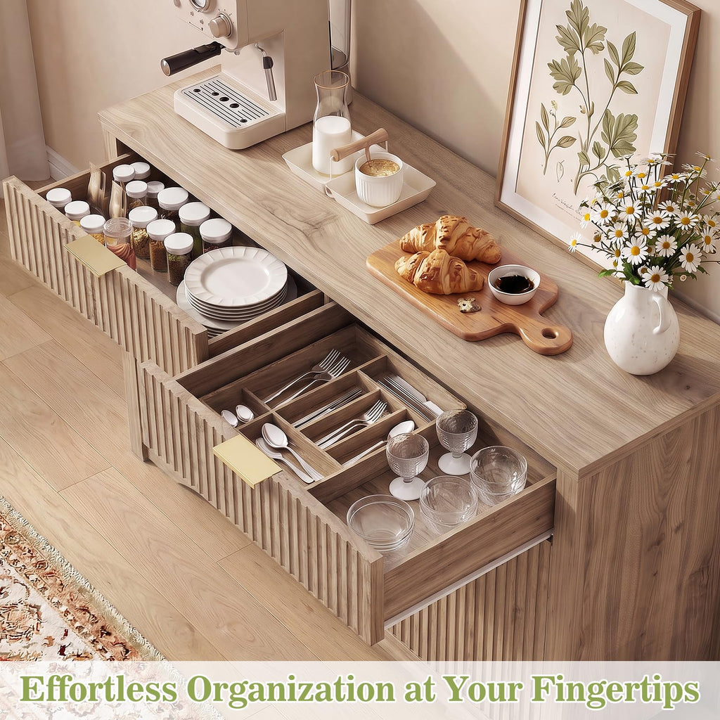 55" Fluted Sideboard Buffet Cabinet with Drawers, Natural Oak