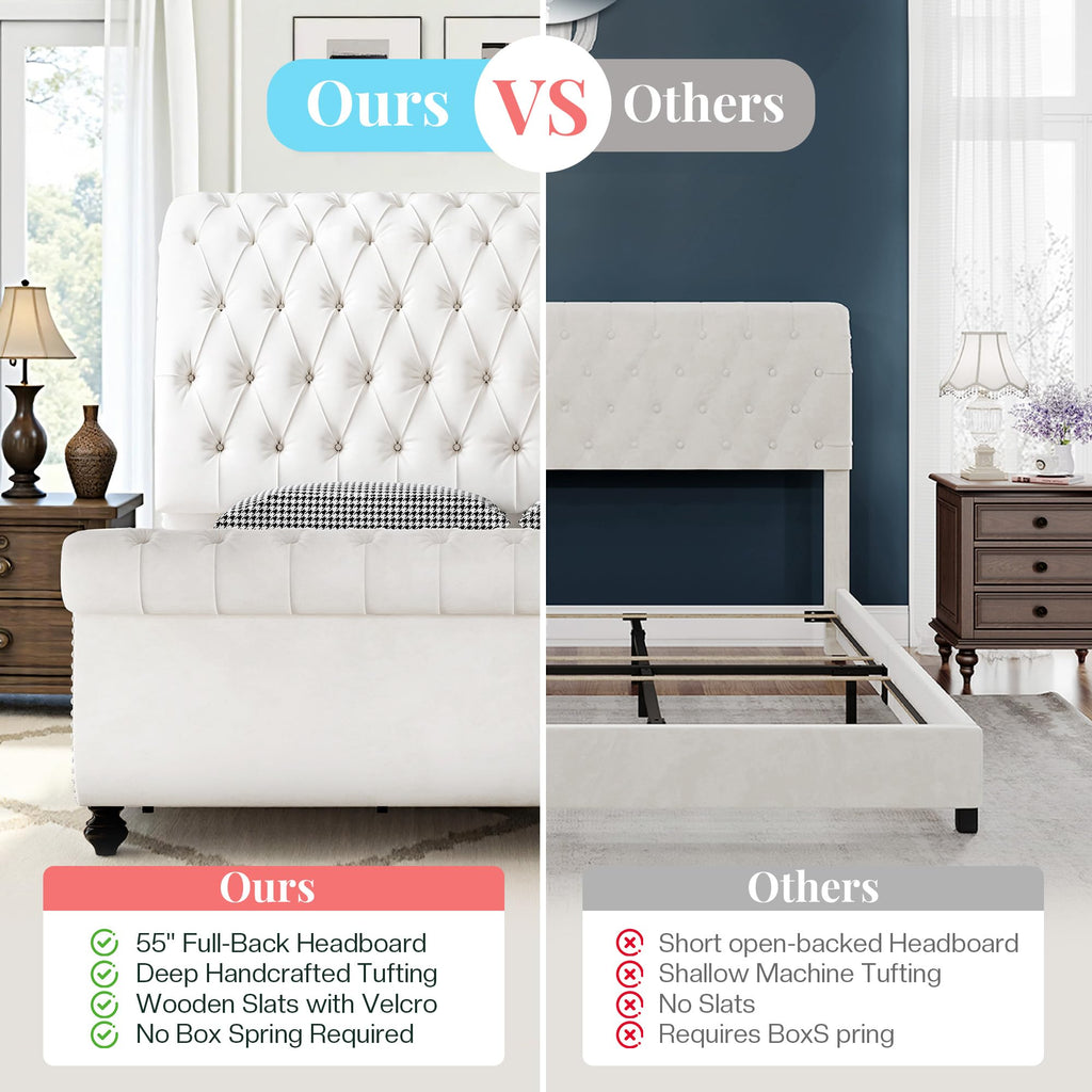 Upholstered Bed Frame Sleigh Headboard & Footboard, White
