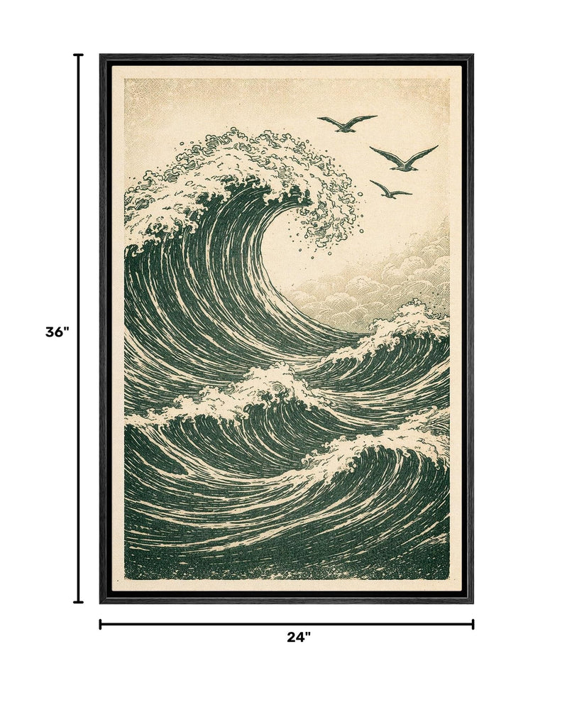 Framed Vintage Ocean Wave with Seagulls Coastal Nature Wilderness Modern Art Decorative - 24"x36" BLACK