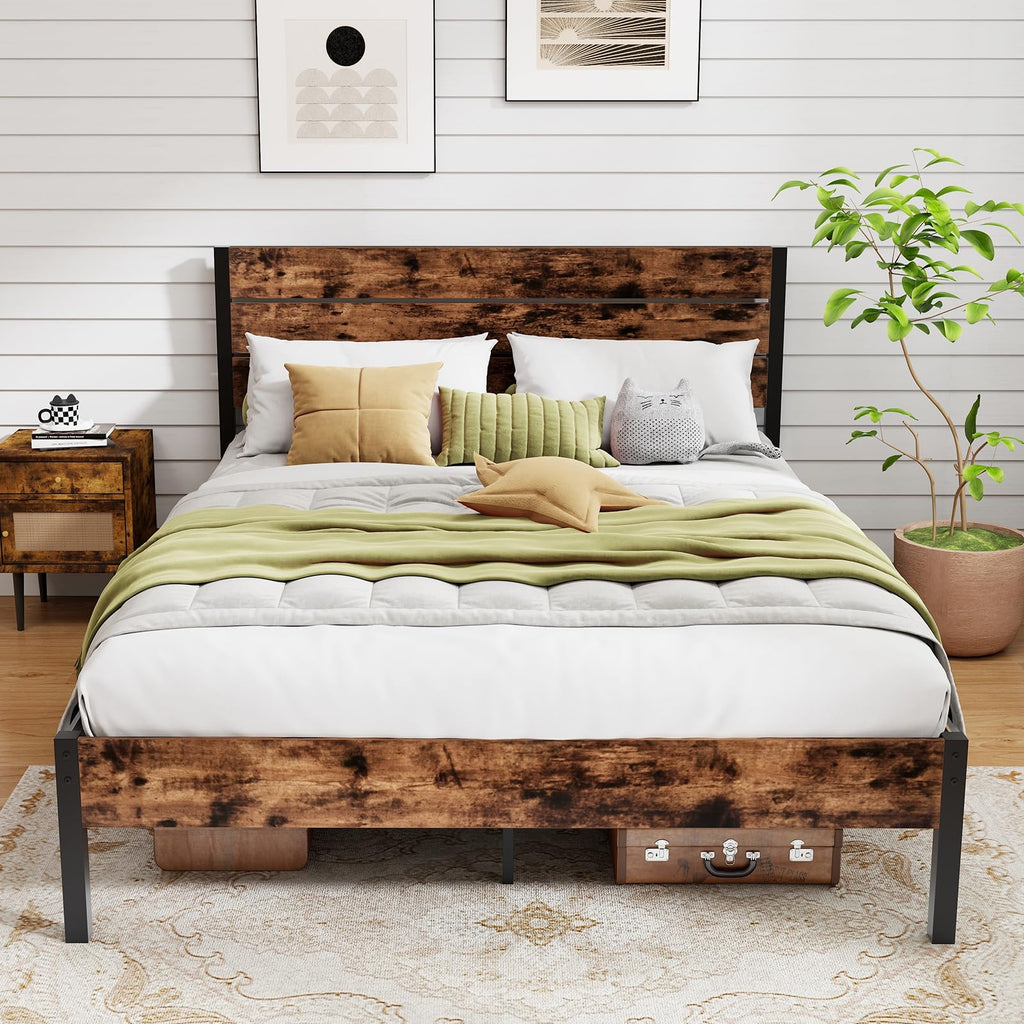 Bed Frame with Headboard, Metal Platform Bed with Under-Bed Storage Space & Slatted Headboard, Industrial