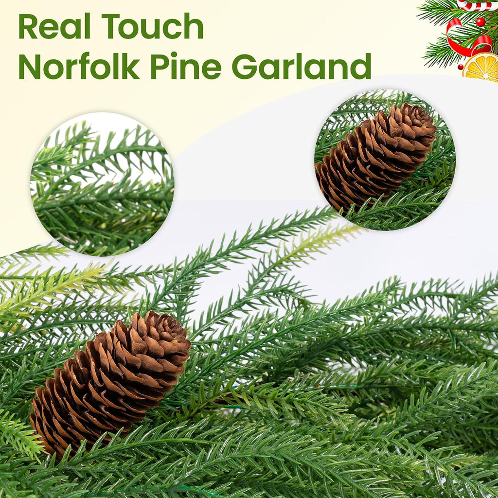9FT Norfolk Pine Garland with Lights, Lighted Christmas Garland with Timer & 8 Lights Modes- Prelit Battery Operated