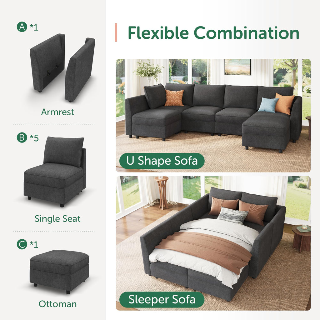 Modular Sofa Sectional Sleeper Couch with Storage Modular Couch Convertible Couches - Snowflake Velvet Grey