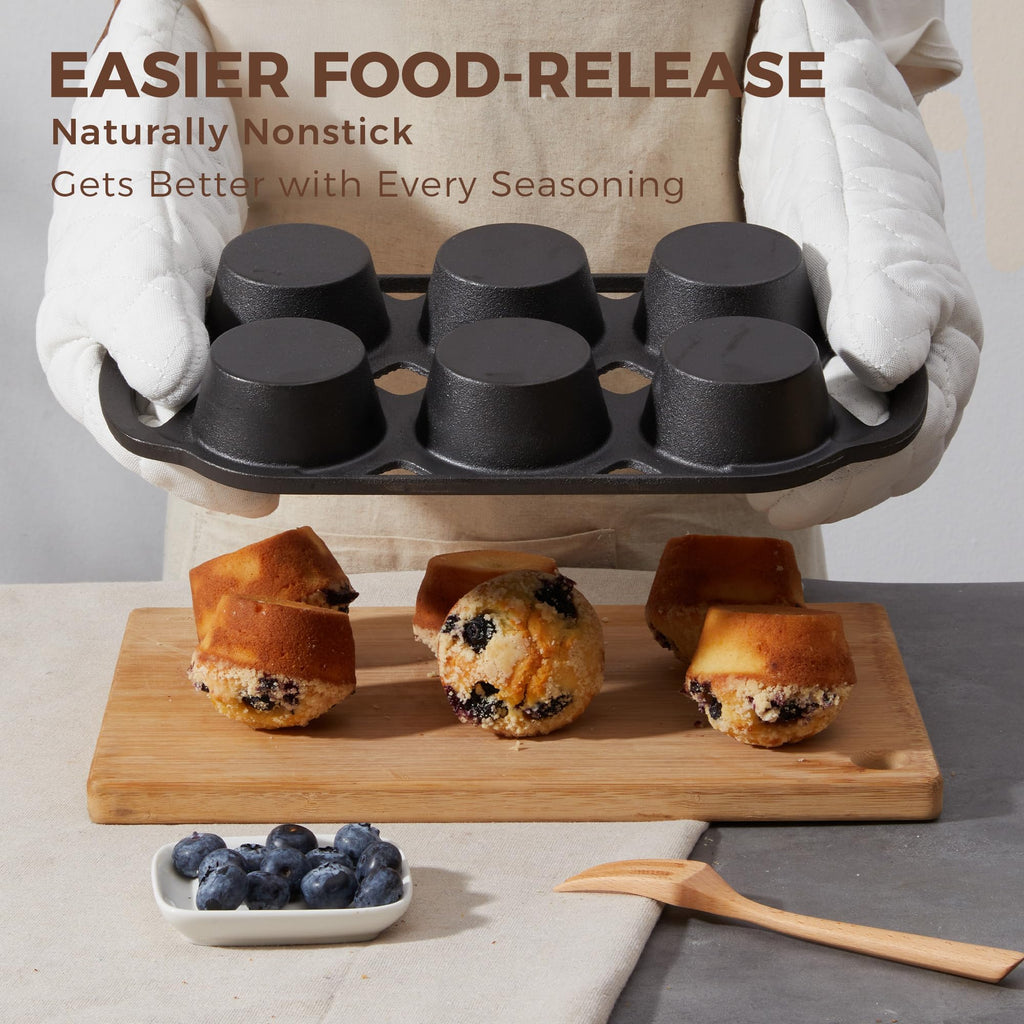Everline Collection Cast Iron Muffin Pans, Non toxic Uncoated 6-Cup Muffin Tins, Non-Stick Pre-Seasoned Cupcake Tray