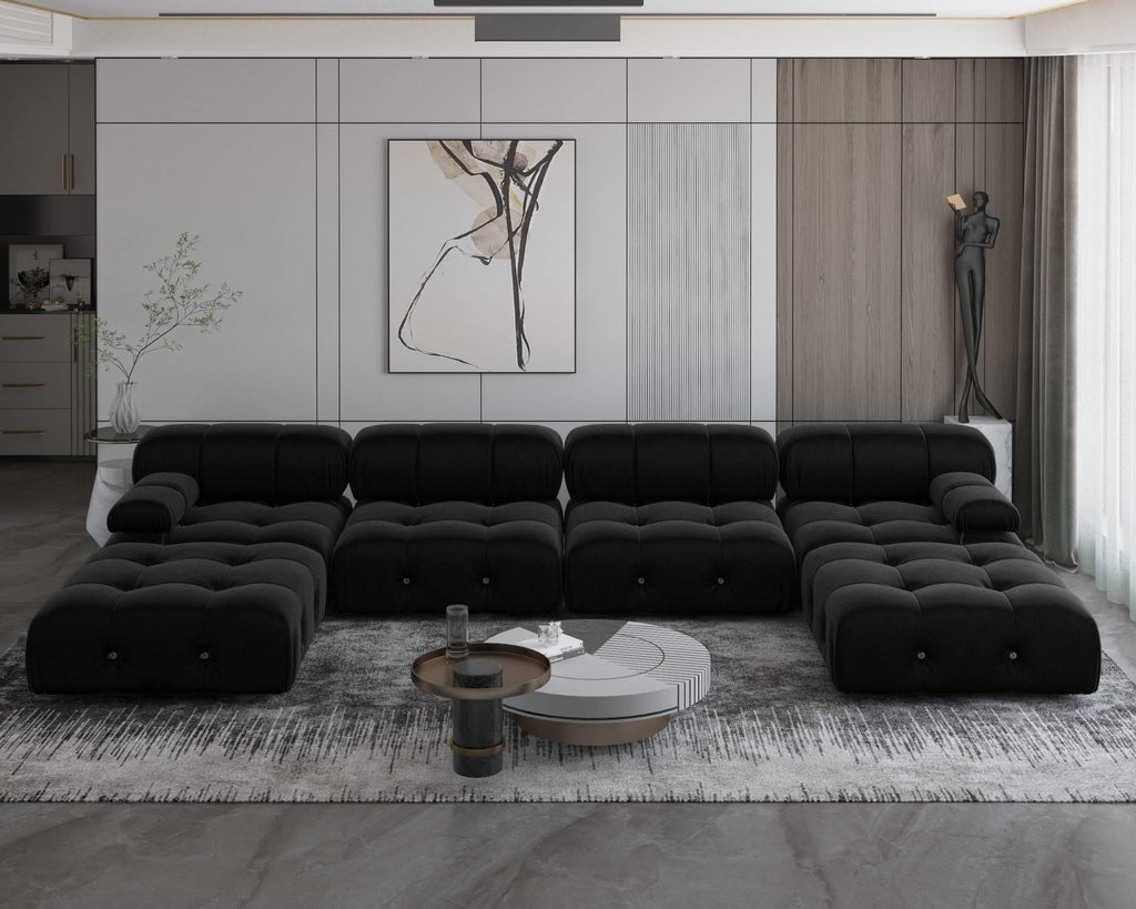 138" Modular Sectional Couch, U-Shaped Minimalist Velvet Sofas with Chaise Ottomans, Convertible Modern Deep 6-Seat