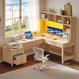 L Shaped Desk with Hutch and Drawers, 67" Computer Desk Gaming Desk with Power Outlets & LED Lights