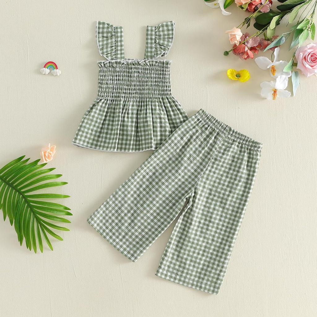 Toddler Girl Summer Outfits Plaid Baby Dress Smocked Ruffle Strap Cami Tops Pants 2 Pcs Set