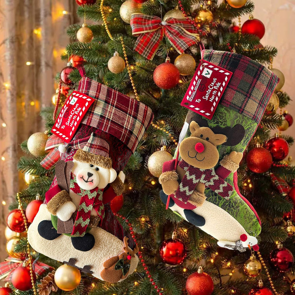 21 inch Plaid Christmas Stockings Deer, Bear, Animal One Piece, Felt Large Plush 3D Reindeer Snowman Design Hanging