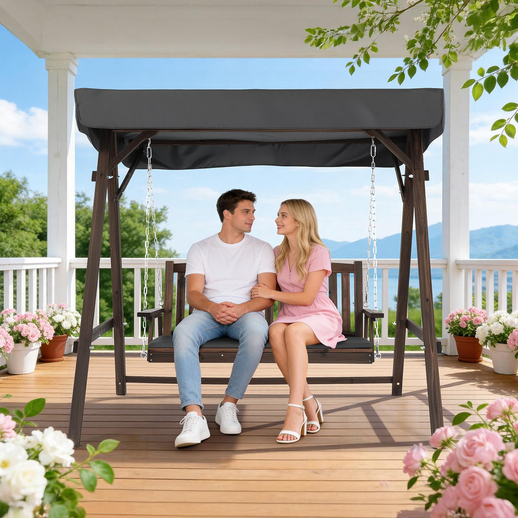 4FT Heavy Duty Wooden Porch Swing with Stand and Canopy, Rustic