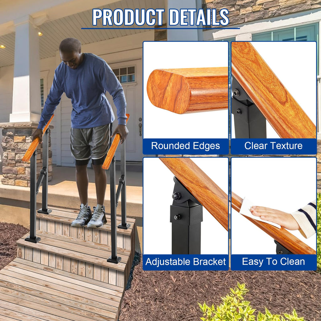 2 Step Handrails for Outdoor Steps, Metal Wood Grain Hand Rails