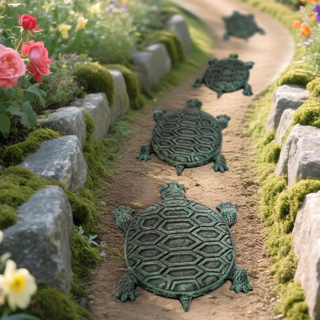 Cast Iron Turtle Stepping Stone, Sturdy Metal Stepping Mat for Front Door, Garden, Lawn and Yard, Verdigris Tortoise