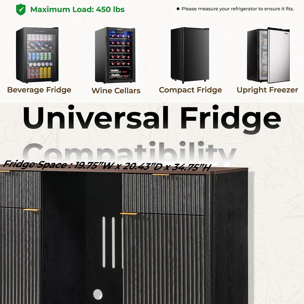 60" Fluted Coffee Bar Cabinet with Mini Fridge Space, Black and Walnut | Mini Fridge Compatible, Built In Charging